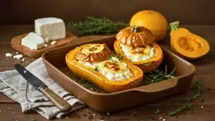 Courges délicata rôties au four, garnies de fromage de chèvre crémeux et d’herbes fraîches, présentées dans un plat en céramique sur une table en bois rustique.