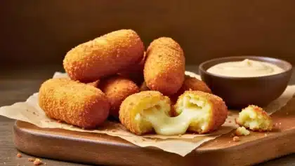 Croquettes au fromage panées et dorées posées sur une planche en bois, avec une croquette ouverte laissant couler du fromage fondu et une sauce en bol à l’arrière-plan.