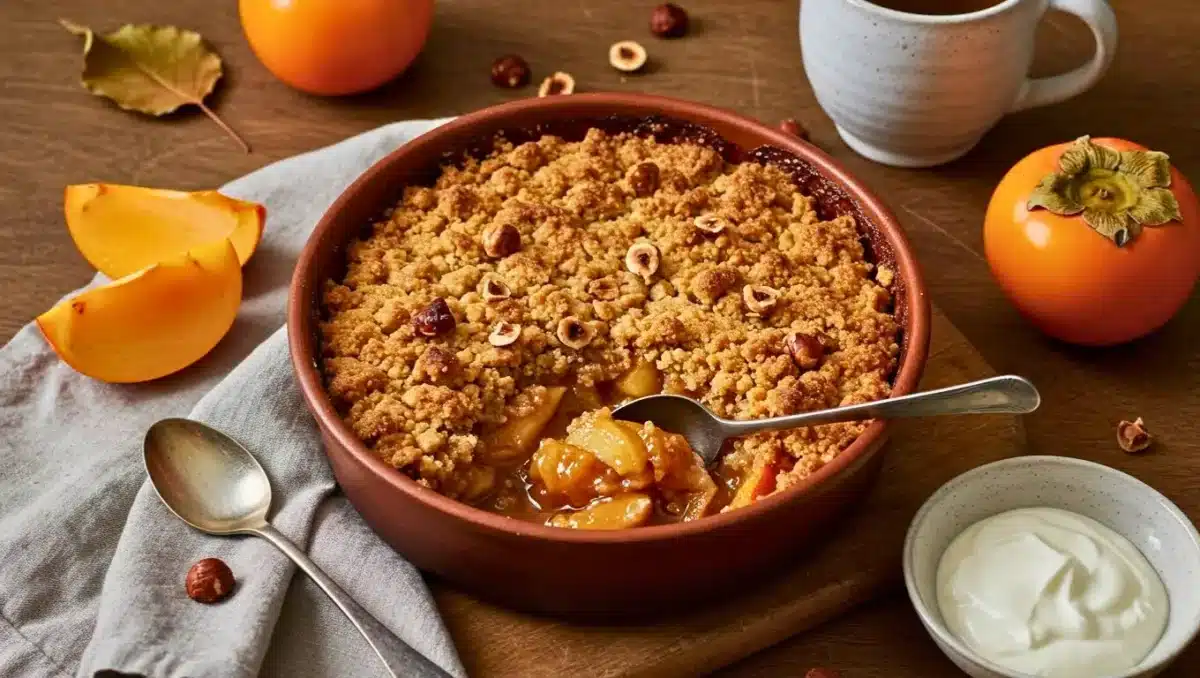Crumble poire-pomme-kaki sans gluten, doré et croustillant, servi chaud dans un plat en terre cuite avec des fruits frais et une cuillerée de yaourt.