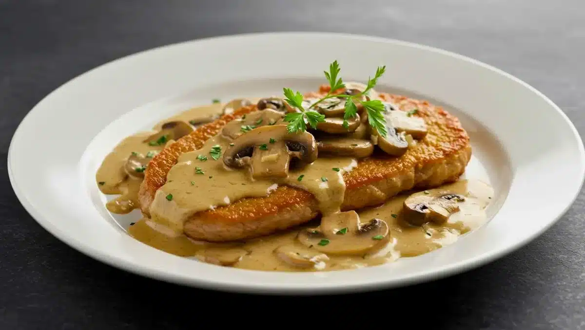 Escalope de veau nappée de sauce à la crème et aux champignons, garnie de persil frais, servie dans une assiette blanche sur fond sombre.