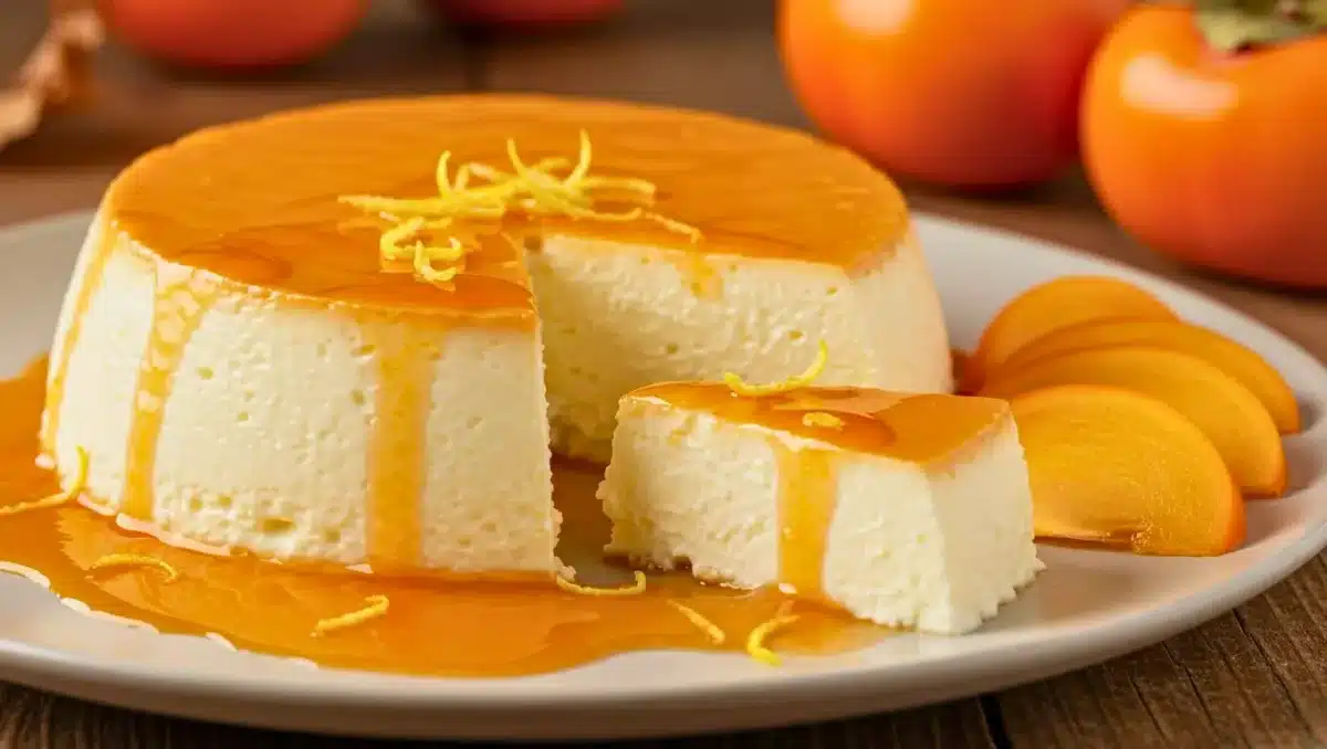 Flan vanillé crémeux nappé d’un coulis de kaki, décoré de zestes d’orange et servi avec des tranches de kaki frais.