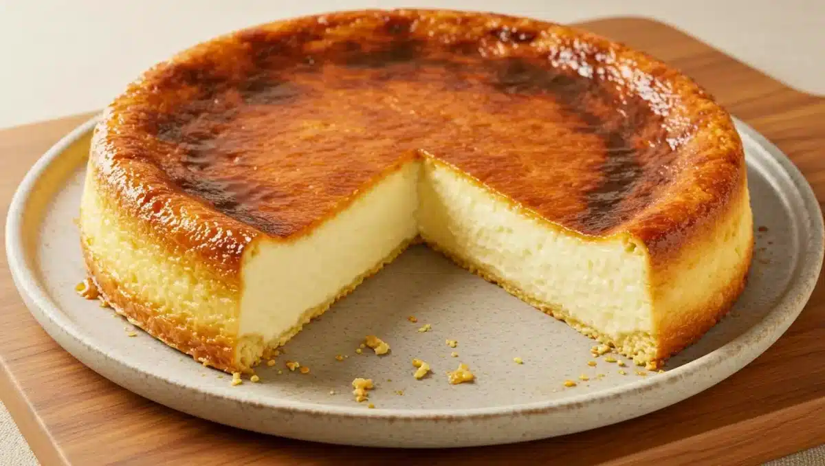 Flan pâtissier doré et crémeux à la vanille, avec une part découpée sur une assiette en céramique beige.