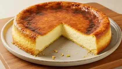 Flan pâtissier doré et crémeux à la vanille, avec une part découpée sur une assiette en céramique beige.