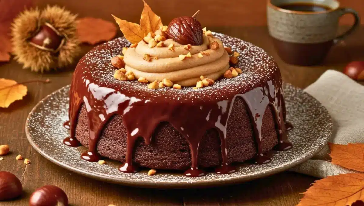 Fondant au chocolat nappé de ganache, garni de crème de marrons, de noisettes concassées et d’un marron glacé, présenté sur une assiette automnale avec feuilles séchées.
