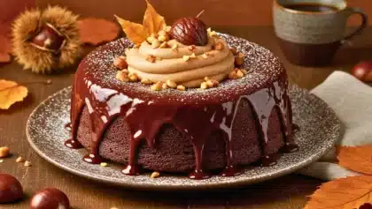 Fondant au chocolat nappé de ganache, garni de crème de marrons, de noisettes concassées et d’un marron glacé, présenté sur une assiette automnale avec feuilles séchées.