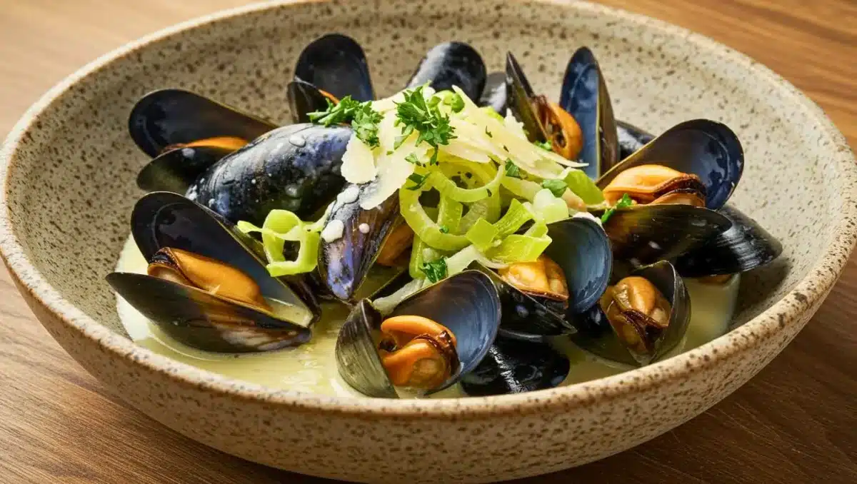 Assiette de moules ouvertes servies avec des poireaux émincés et nappées d’une sauce crémeuse, garnies de persil frais et de copeaux de parmesan.