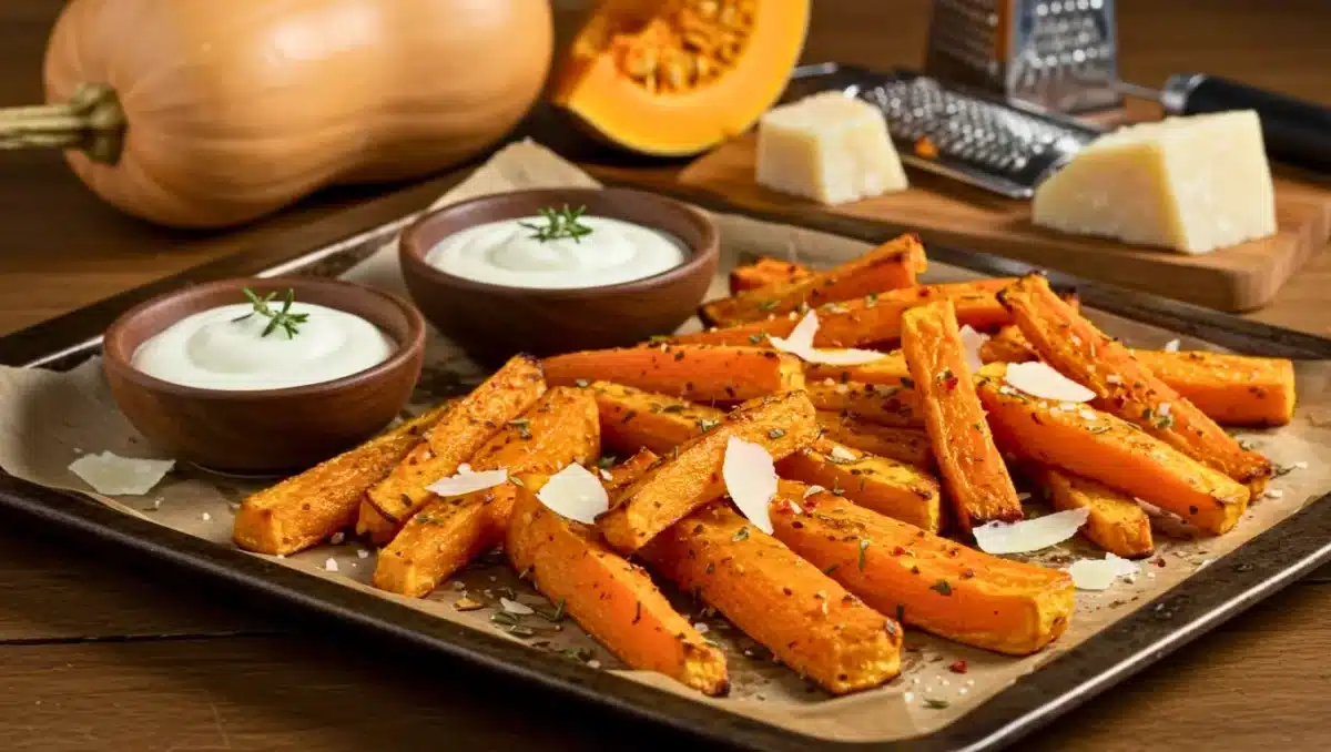 Frites de courge butternut rôties au four avec copeaux de parmesan et sauces maison.