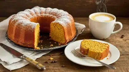 Gâteau au café en forme de couronne, saupoudré de sucre glace, avec une tranche servie sur une assiette et un cappuccino fumant à côté.