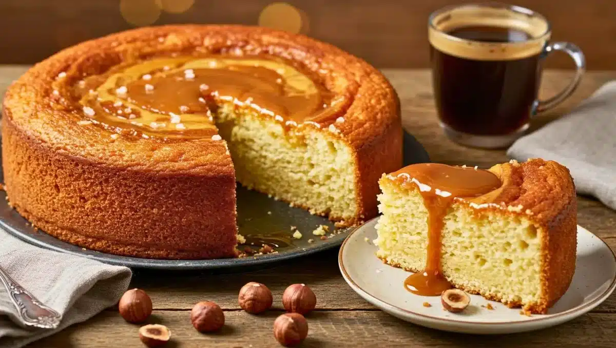 Gâteau au yaourt moelleux nappé de caramel beurre salé avec une part servie à l’assiette et une tasse de café en arrière-plan.