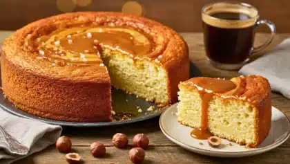 Gâteau au yaourt moelleux nappé de caramel beurre salé avec une part servie à l’assiette et une tasse de café en arrière-plan.