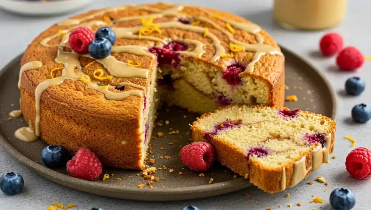 Gâteau au yaourt moelleux décoré de fruits rouges et d’un glaçage au citron, présenté sur une assiette en céramique.