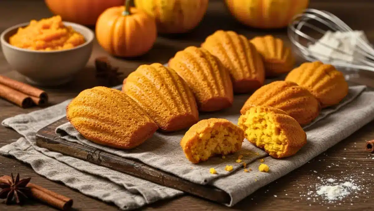 Madeleines dorées au potimarron posées sur un plateau, avec une madeleine cassée révélant une texture moelleuse.