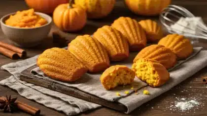Madeleines dorées au potimarron posées sur un plateau, avec une madeleine cassée révélant une texture moelleuse.