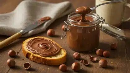 Pâte à tartiner maison au chocolat et aux noisettes, présentée dans un bocal en verre, avec une tranche de pain tartinée et des noisettes entières sur une table en bois.