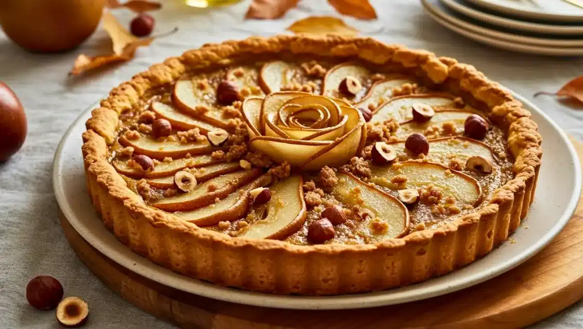 Tarte maison garnie de poires finement tranchées, de noisettes grillées et de crumble à la châtaigne, présentée sur une assiette en céramique dans une ambiance automnale.