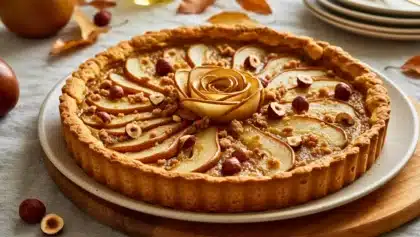 Tarte maison garnie de poires finement tranchées, de noisettes grillées et de crumble à la châtaigne, présentée sur une assiette en céramique dans une ambiance automnale.