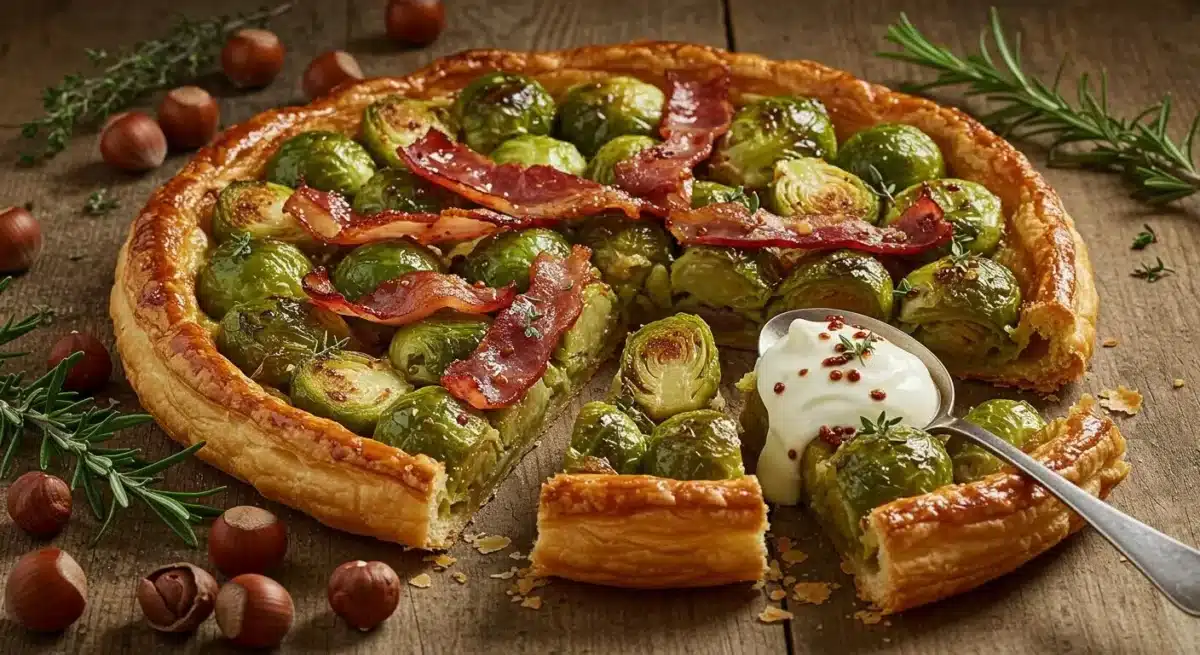Tarte tatin salée aux choux de Bruxelles, garnie de bacon croustillant sur pâte feuilletée dorée, servie avec une cuillerée de crème fraîche.