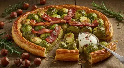 Tarte tatin salée aux choux de Bruxelles, garnie de bacon croustillant sur pâte feuilletée dorée, servie avec une cuillerée de crème fraîche.