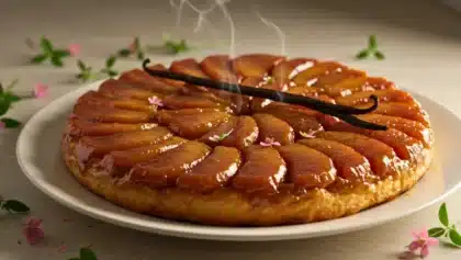 Tarte Tatin aux pommes caramélisées signée Julie Andrieu, nappée d’un caramel brun à la vanille et servie tiède sur une assiette blanche.