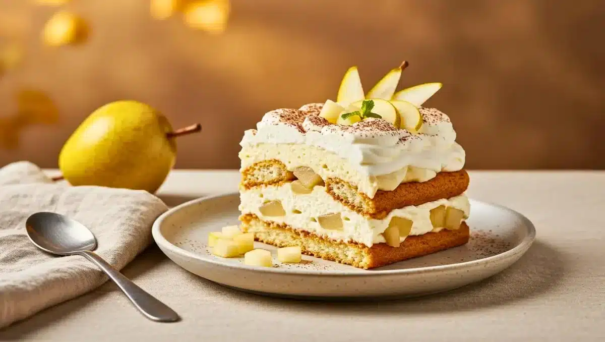 Tiramisu aux poires fondant servi en parts généreuses avec crème légère et morceaux de poire fraîche.