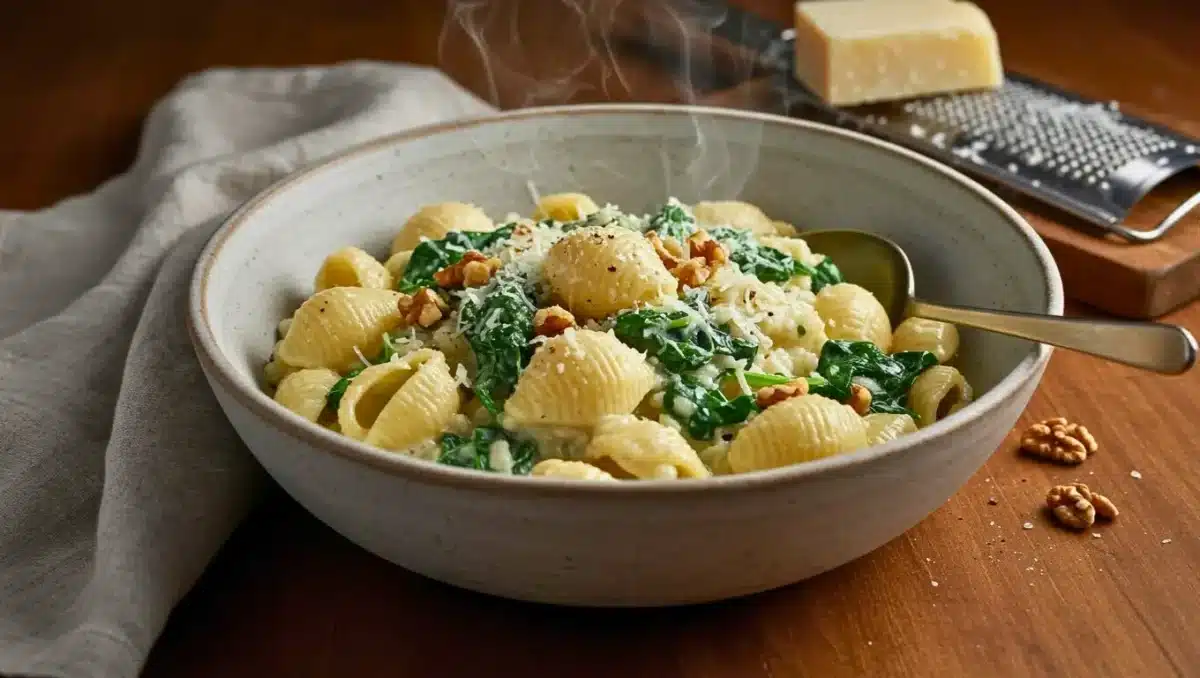 Bol de coquillettes crémeuses façon risotto, mélangées à des épinards frais et parsemées de cerneaux de noix et de parmesan râpé, avec une râpe à fromage en arrière-plan.