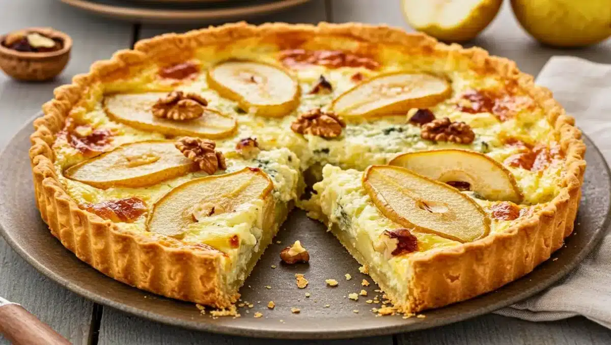 Tarte salée aux poires, Roquefort et noix sur une assiette, avec une croûte dorée et des lamelles de poire sur le dessus, présentée entamée pour montrer la garniture crémeuse et fondante.