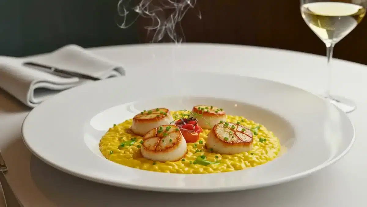 Assiette de risotto crémeux au safran, surmonté de quatre noix de Saint-Jacques dorées, décoré de ciboulette ciselée et accompagné d’un verre de vin blanc sur une table élégante.