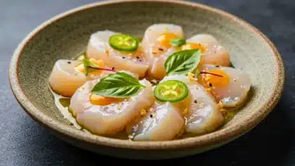 Assiette de Saint-Jacques crues tranchées finement, assaisonnées avec vinaigrette miso-orange, lamelles de jalapeño, feuilles de basilic et éclats de piment.