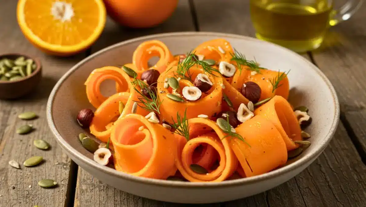 Salade de courge butternut crue en rubans, garnie de noisettes, graines de courge et herbes fraîches, servie dans un bol sur une table en bois avec des oranges en arrière-plan.