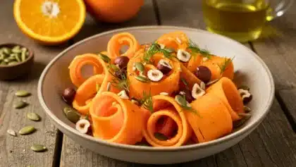Salade de courge butternut crue en rubans, garnie de noisettes, graines de courge et herbes fraîches, servie dans un bol sur une table en bois avec des oranges en arrière-plan.