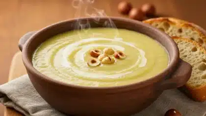 Bol de soupe crémeuse aux poireaux et pommes de terre, décorée de noisettes torréfiées, avec des tranches de pain en accompagnement.