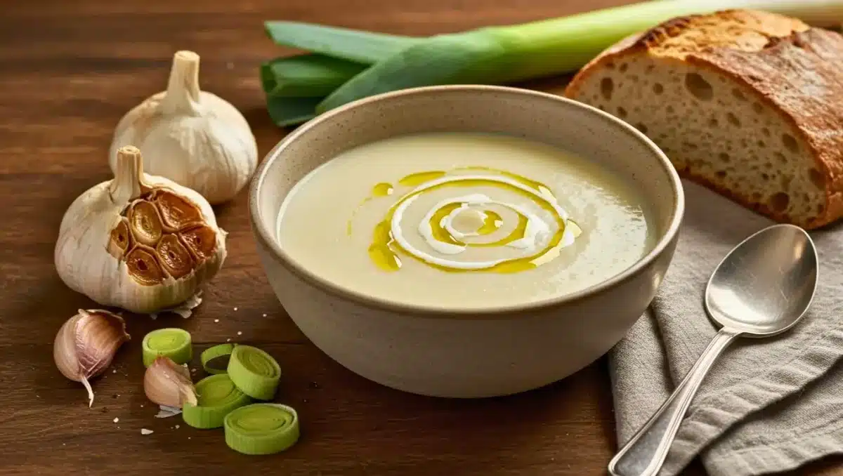 Bol de velouté blanc crémeux à l’ail confit, décoré d’un filet d’huile d’olive et de crème, entouré de gousses d’ail, de poireau coupé et de pain de campagne.