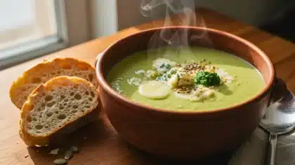 Bol de velouté de brocoli fumant, avec fromage fondant et graines, accompagné de tranches de pain rustique.