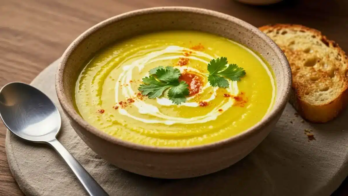 Bol de soupe veloutée au poireau et lait de coco, décorée d’un swirl de crème, de paprika et de feuilles de coriandre, servie avec une tranche de pain grillé.