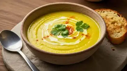 Bol de soupe veloutée au poireau et lait de coco, décorée d’un swirl de crème, de paprika et de feuilles de coriandre, servie avec une tranche de pain grillé.