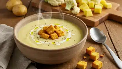 Bol de velouté crémeux au chou-fleur et pommes de terre, surmonté de croûtons dorés, avec légumes coupés en arrière-plan sur une planche en bois.
