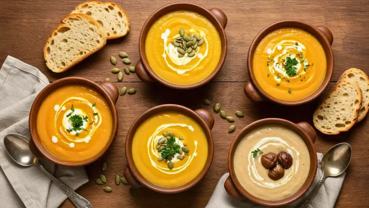 Cinq bols de veloutés d’automne aux courges, chacun décoré de crème, graines ou herbes fraîches, accompagnés de tranches de pain.