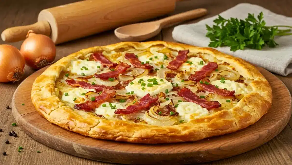 Flammekueche alsacienne maison avec pâte fine dorée, crème, oignons fondants et lardons croustillants, posée sur un plateau en bois avec oignons et persil en décor.