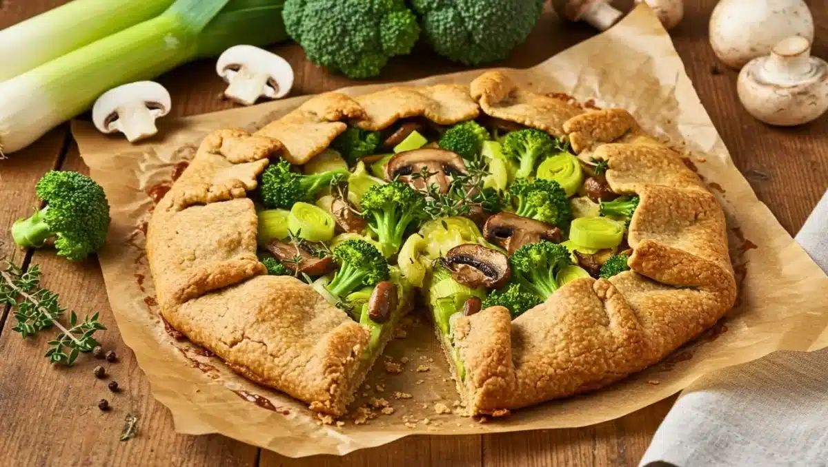 Tarte rustique aux légumes avec poireaux, champignons et brocoli Bimi, sur une pâte dorée aux bords repliés, posée sur du papier cuisson avec légumes frais autour.