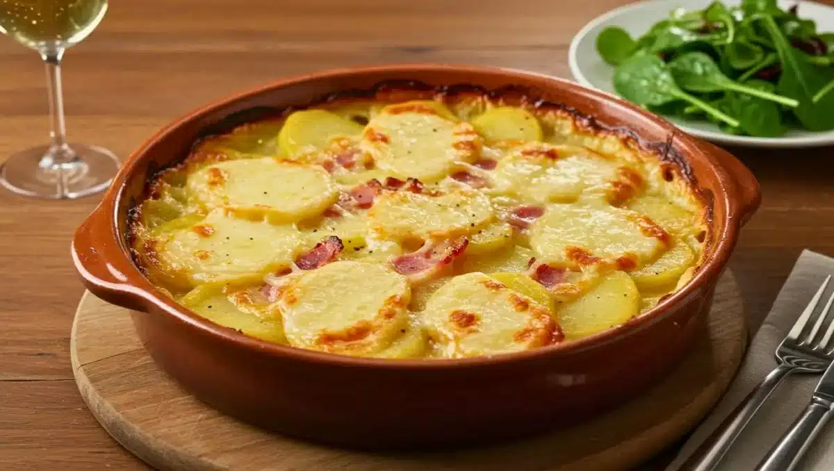 Plat de tartiflette dorée dans un plat en terre cuite, avec des rondelles de pommes de terre gratinées, lardons et fromage fondu, accompagné d’un verre de vin blanc et d’une assiette de salade verte.