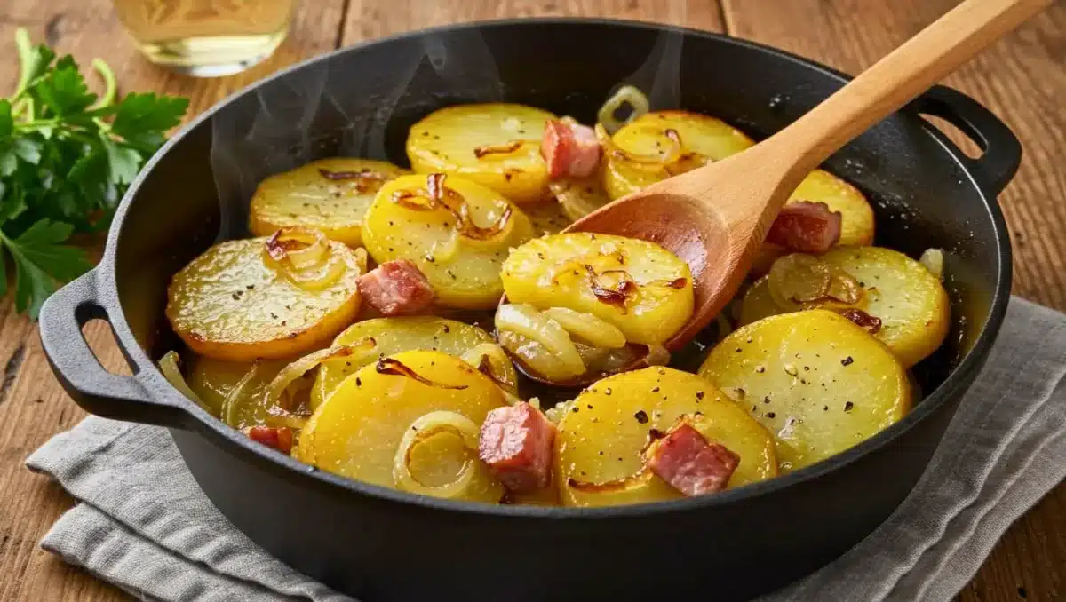 Tofaille vosgienne dans une cocotte : rondelles de pommes de terre dorées, lard fumé et oignons caramélisés, servies bien chaudes.