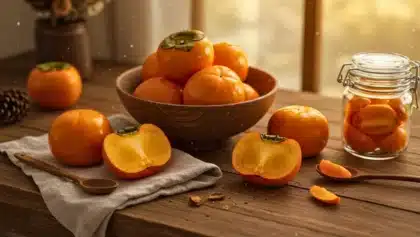 Kakis frais entiers et coupés en deux disposés sur une table en bois, avec une lumière dorée d’hiver et un pot en verre rempli de tranches de kaki, ambiance chaleureuse et naturelle.