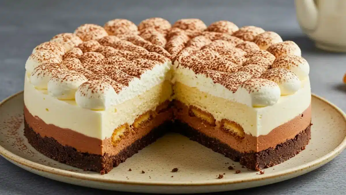 Gâteau tiramicake avec couches de crème mascarpone, crème fromagère et biscuits imbibés de café, décoré de chantilly et cacao, avec une part retirée montrant les étages.