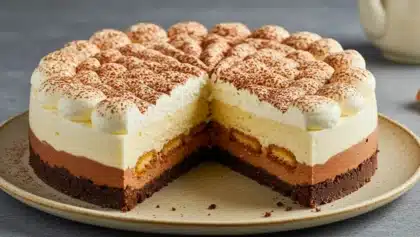 Gâteau tiramicake avec couches de crème mascarpone, crème fromagère et biscuits imbibés de café, décoré de chantilly et cacao, avec une part retirée montrant les étages.