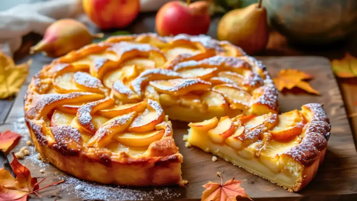 Clafoutis fondant aux pommes et aux poires, saupoudré de sucre glace, présenté sur une planche en bois avec des décors d’automne.