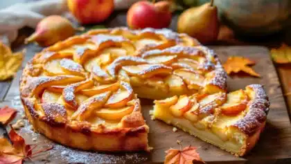 Clafoutis fondant aux pommes et aux poires, saupoudré de sucre glace, présenté sur une planche en bois avec des décors d’automne.