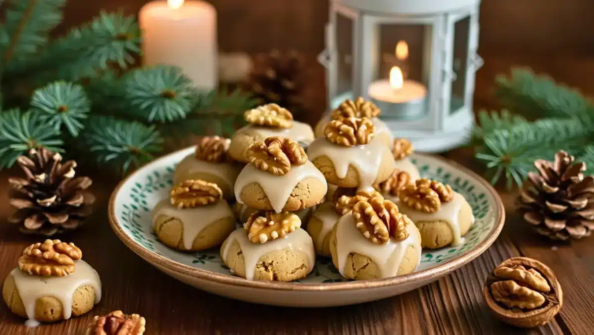 Biscuits de Noël fondants aux noix avec glaçage blanc, servis sur une assiette festive