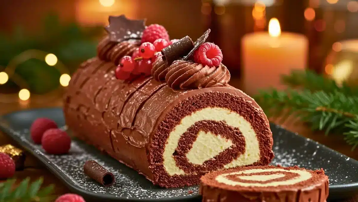 Bûche roulée au chocolat et mascarpone décorée de framboises et copeaux de chocolat pour Noël