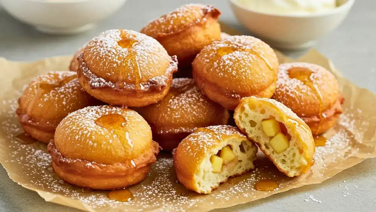 Beignets aux pommes dorés et saupoudrés de sucre glace, avec l’un ouvert montrant des dés de pomme fondants à l’intérieur.