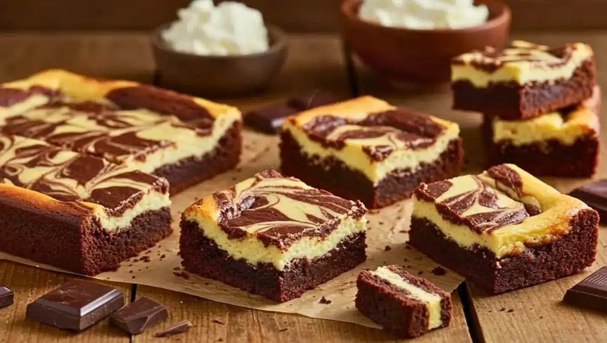 Carrés de brownie cheesecake marbré au chocolat, moelleux et sans gluten, disposés sur une planche en bois avec des morceaux de chocolat noir.
